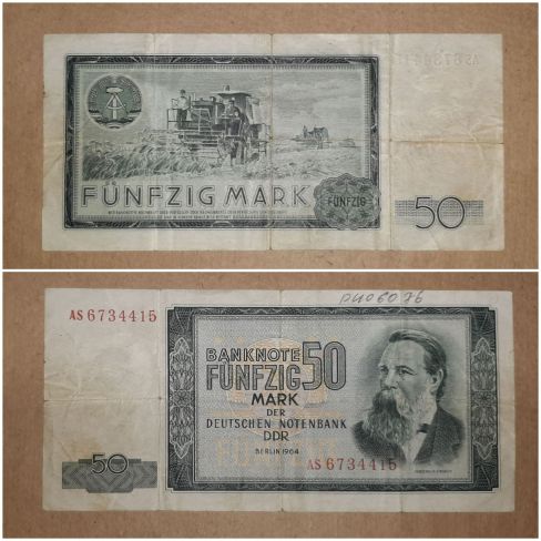 Денежный знак банкнот 50 марок ГДР , изображен Ф. Энгельс